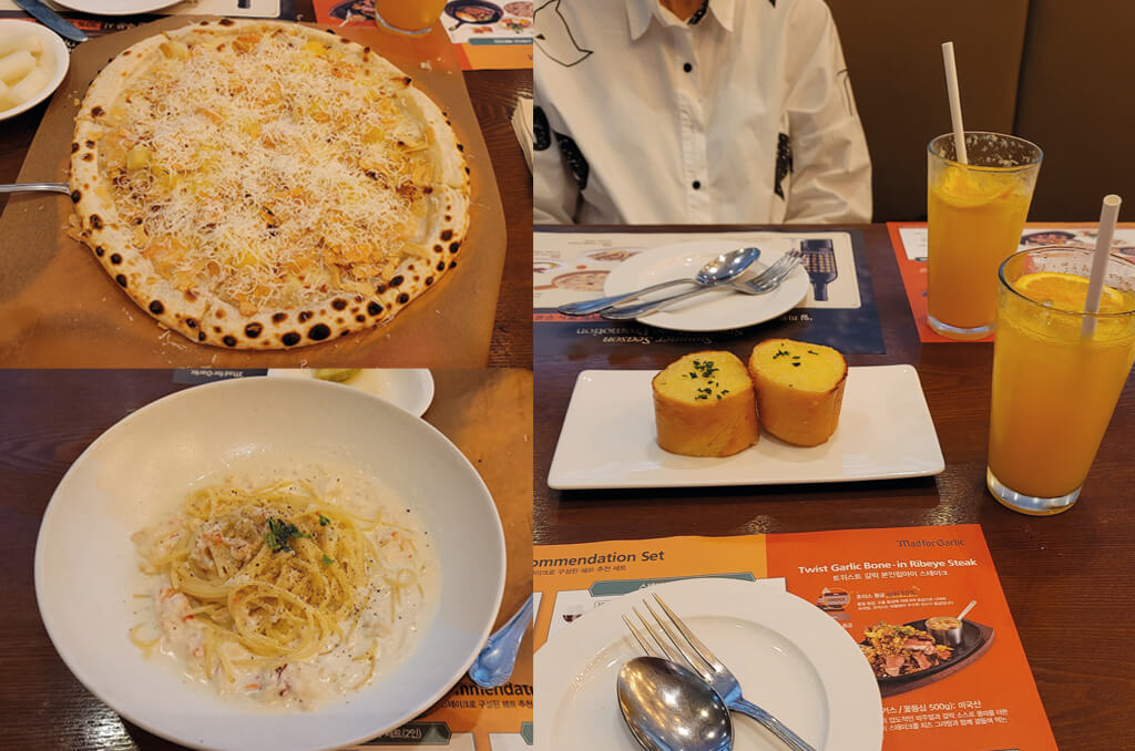 Garlic Snowing Pizza_Crab & Lobster Pasta_Orange Ade_Garlic Pane